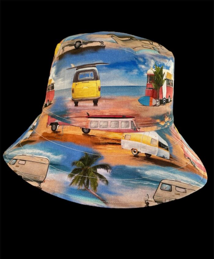 Happy Hat – Handmade Reversible Cotton Bucket Hat – Retro Camper / Thongs