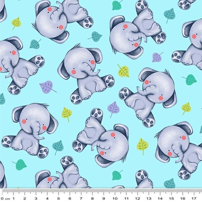 Fat Quarter - Jungle Paradise Roly Poly Blue Elephant Cotton Fabric