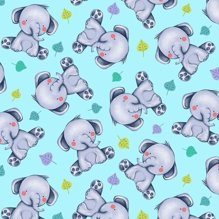 Fat Quarter - Jungle Paradise Roly Poly Blue Elephant Cotton Fabric