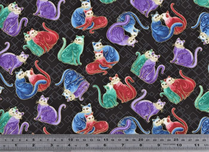 Cat-I-Tude 2: Mini Squares Cats Black/Multi Cotton Fabric 110cm Wide (per metre)