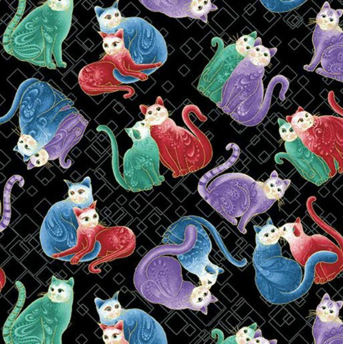 Cat-I-Tude 2: Mini Squares Cats Black/Multi Cotton Fabric 110cm Wide (per metre)