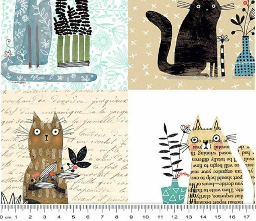 Fat Quarter - It's Raining Cats and Dogs - Cats Teal Cotton Fabric
