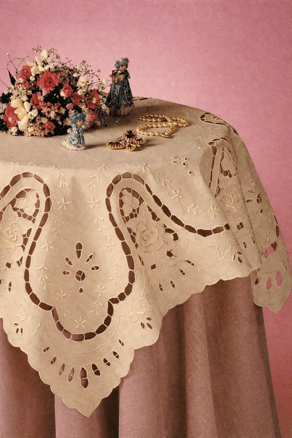86cm Square Beige Cotton "Rose Garden" Embroidered Cutwork Table Topper