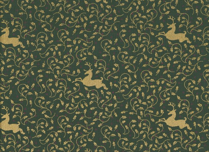 Reindeer Mistletoe Metallic Gold on Green Christmas Cotton Fabric 112cm Wide (pe