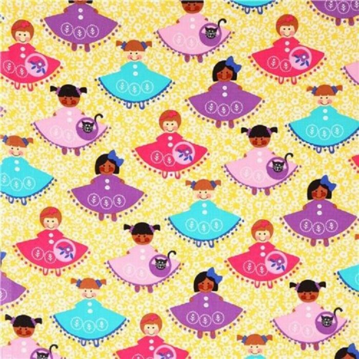 Around The World Dolls on Yellow Cotton Fabric 110cm wide (per metre)