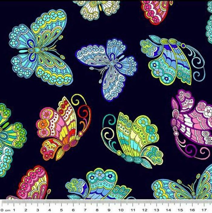 Fat Quarter - Dazzling Garden: Dazzling Butterflies Black Cotton Fabric