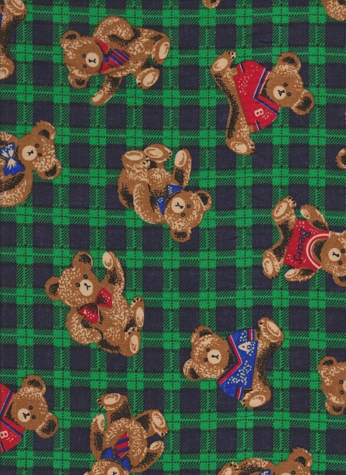 Green Check Nursery Teddies Cotton Fabric (115cm wide)