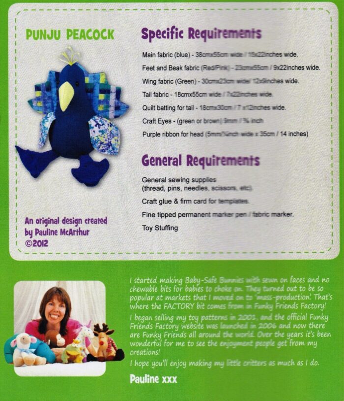Punju Peacock Soft Toy Pattern by Funky Friends Factory