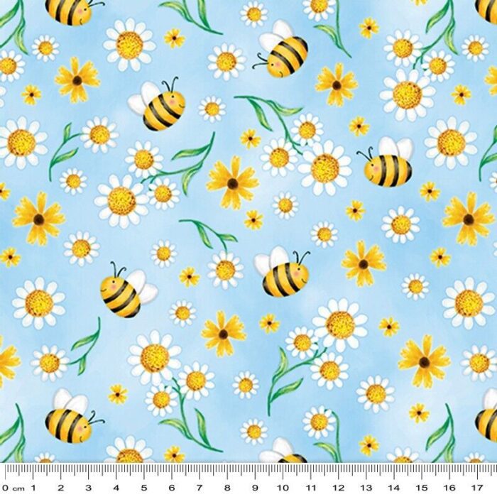 Fat Quarter - Sunshine Days - Daisies and Bees Blue Cotton Fabric