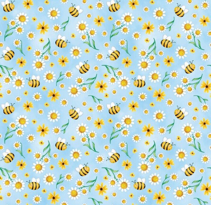 Fat Quarter - Sunshine Days - Daisies and Bees Blue Cotton Fabric