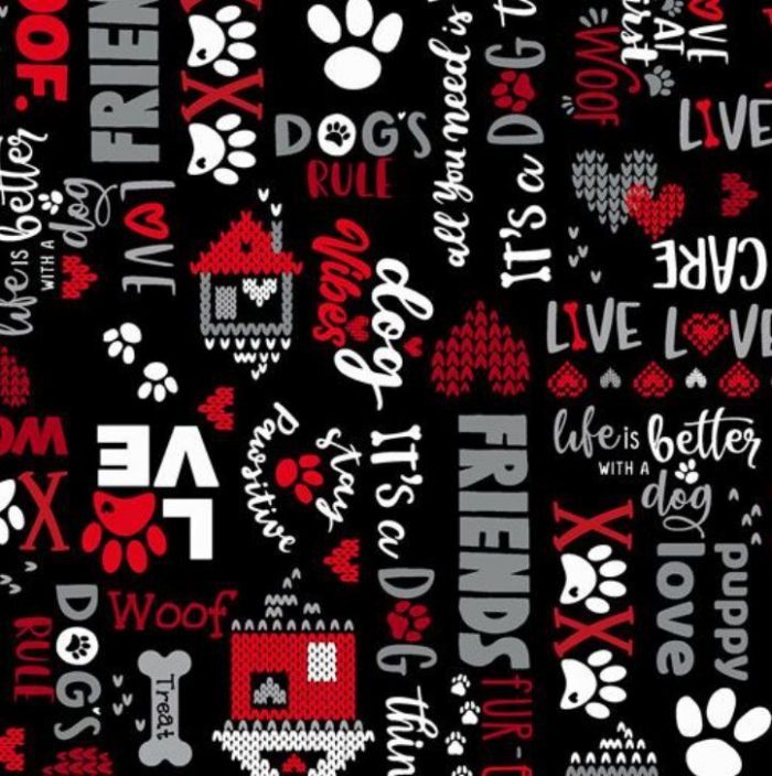 Fat Quarter - Knit & Caboodle Word Collage Allover Black Cotton Fabric