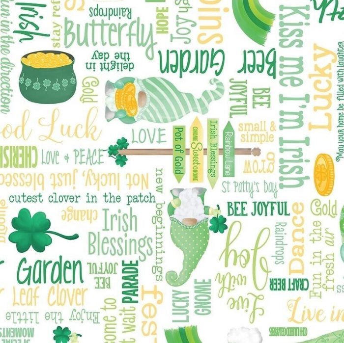 Luck of the Gnomes : Lucky Words on White Cotton Fabric 110cm Wide (per metre)