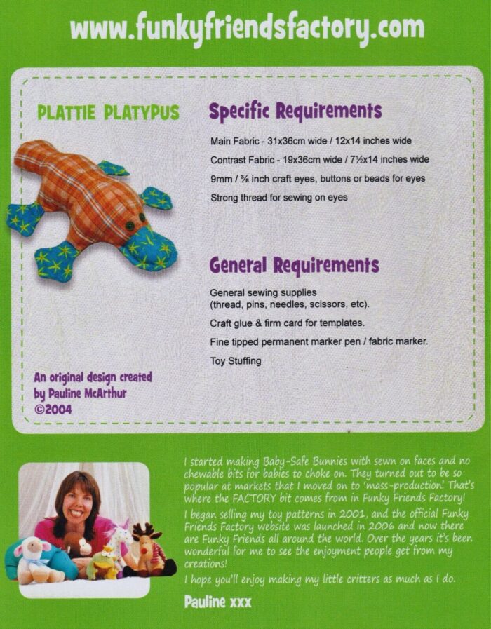 Plattie Platypus Soft Toy Pattern by Funky Friends Factory