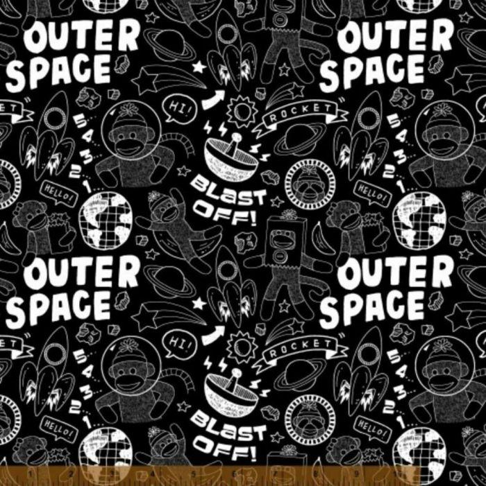 Fat Quarter - Sock Monkeys In Space: Outer Space on Black Cotton Fabric