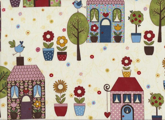 Happy Birds in Town on Cream Cotton Fabric 110cm Wide (per metre)