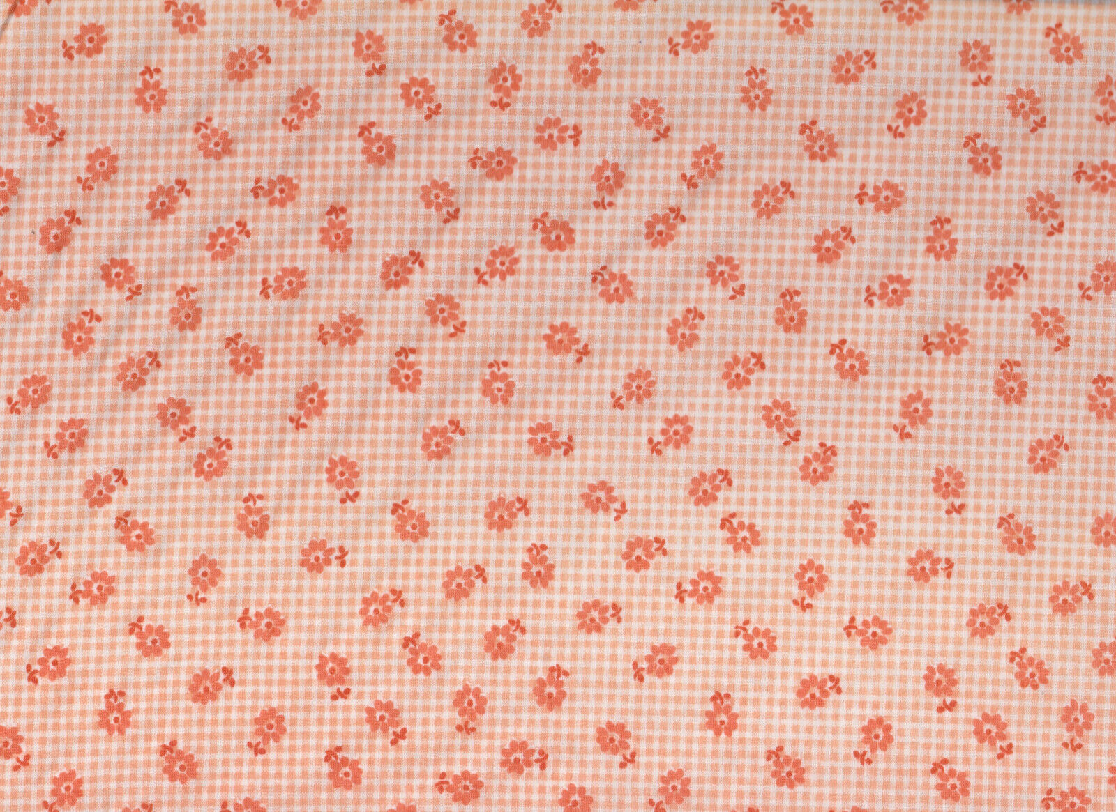 White / Apricot Checked Floral Polycotton Fabric