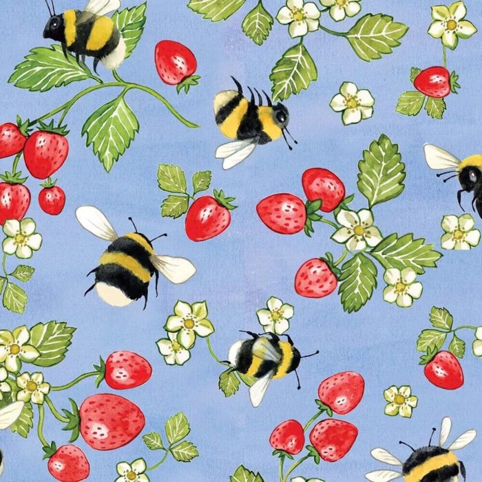 Fat Quarter - Meant To Bee - Strawberries on Blue Cotton Fabric