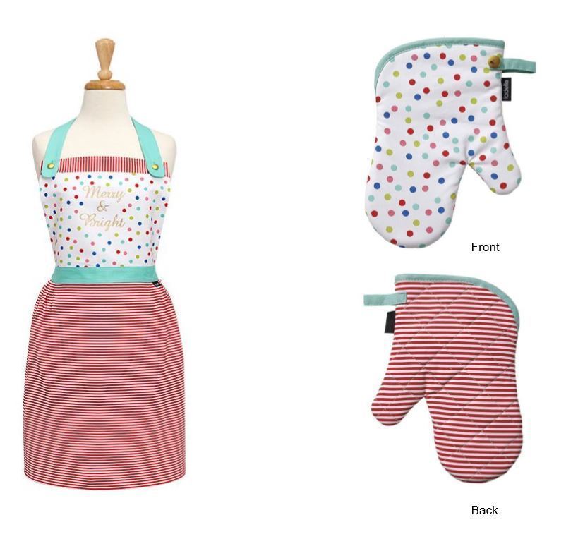 Merry and Bright Christmas Themed Apron and Oven Mitt Set