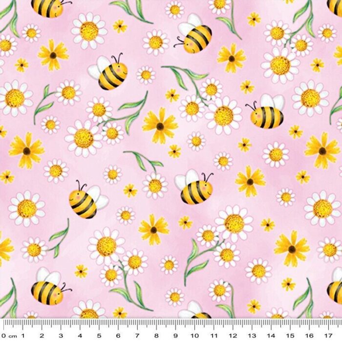 Fat Quarter - Sunshine Days - Daisies and Bees Pink Cotton Fabric