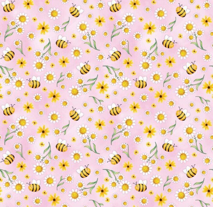 Fat Quarter - Sunshine Days - Daisies and Bees Pink Cotton Fabric