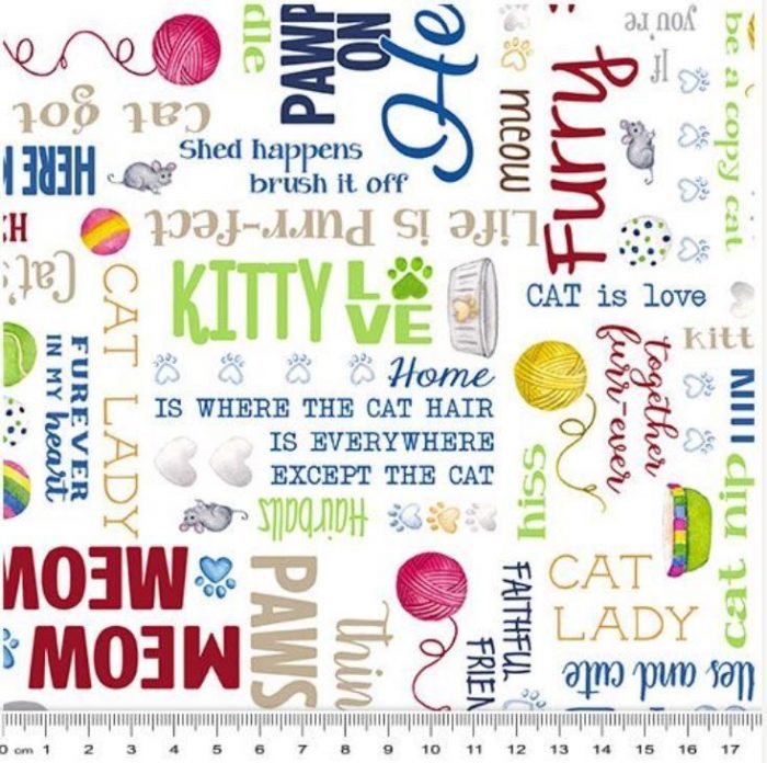 Kitty City: Words on White Cotton Fabric 110cm wide (per metre)