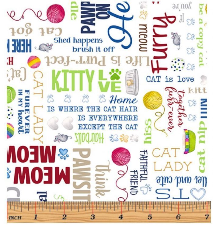 Kitty City: Words on White Cotton Fabric 110cm wide (per metre)