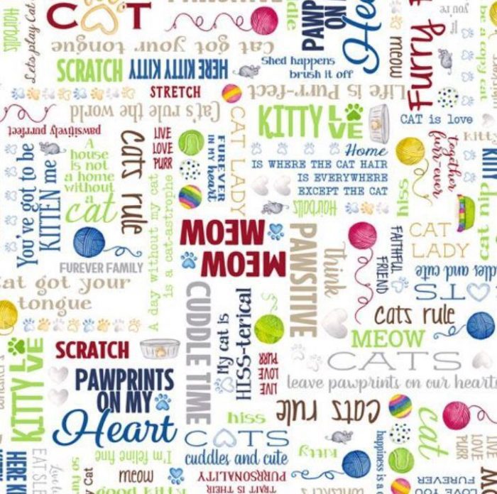 Kitty City: Words on White Cotton Fabric 110cm wide (per metre)