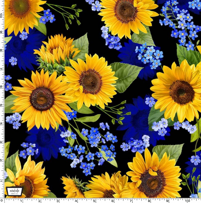 Fat Quarter - Summer Sunflowers Blooms Black Fabric