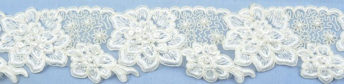 70mm White/Cream Floral With Sequins and Pearls Continuous Applique (per metre)