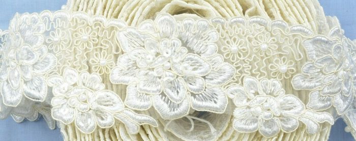 70mm White/Cream Floral With Sequins and Pearls Continuous Applique (per metre)