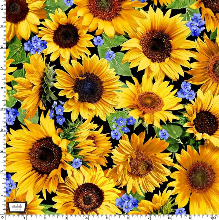 Summer Sunflowers Meadow Black Fabric 110cm wide (per metre)