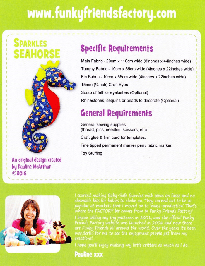 Sparkles Seahorse Soft Toy Pattern by Funky Friends Factory